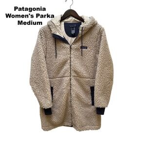 Patagonia Dusty Mesa Parka Women's Medium Long Coat Jacket Beige Blue Hooded